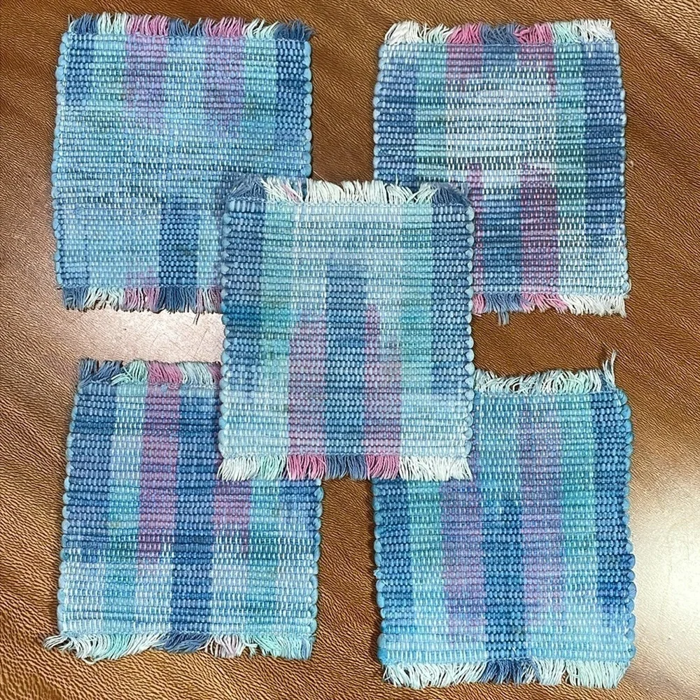 Vintage 90’s Woven Mug Rugs Coaster Cup Place Mats Turquoise Pink Blue Bohemian